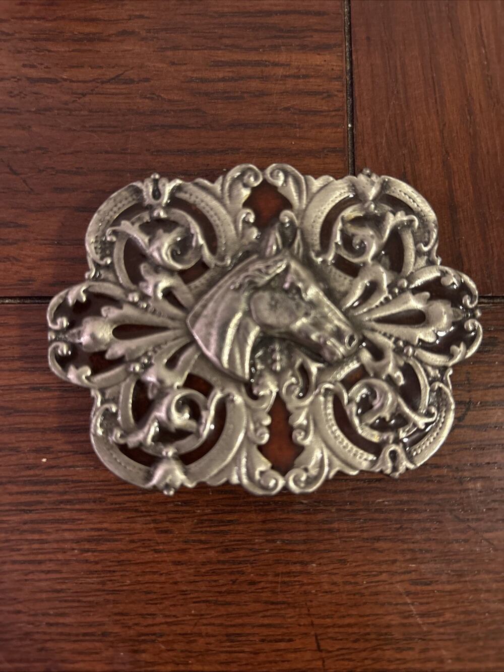 Vtg 1974 Bergamot Brass Works Horse Belt Buckle PEWTER Western